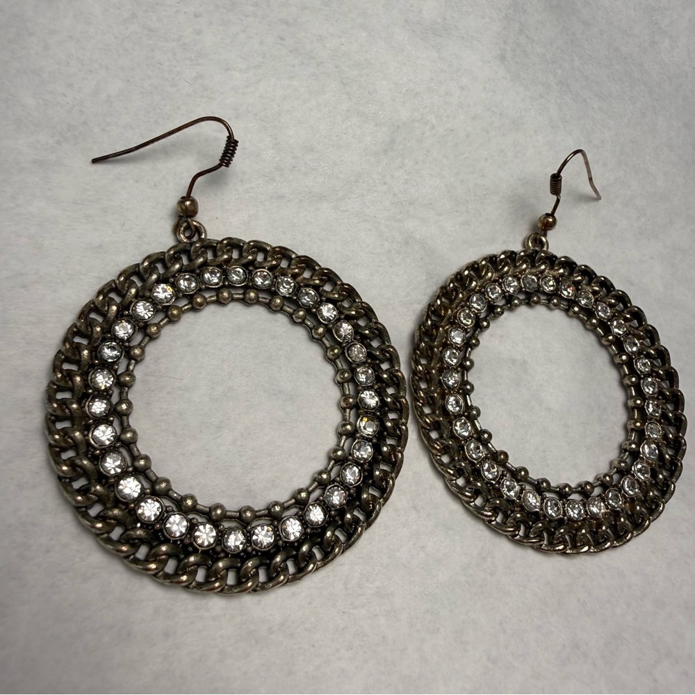 Gold and Crystal Circle Dangle Earrings with Chain Link Detail